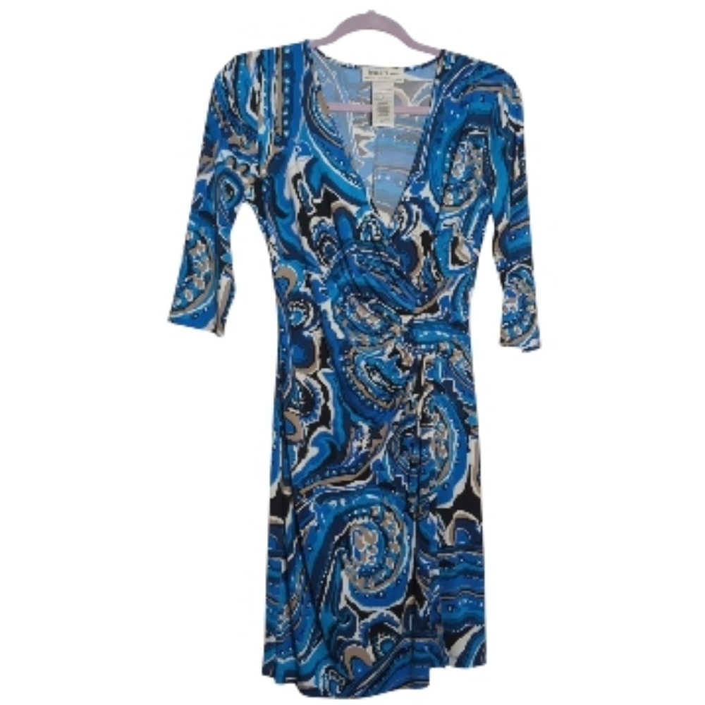 Laundry 8P Blue Kaleidoscope 3/4 Sleeve Faux Wrap Midi Dress Maximalism Corpcore